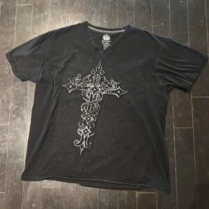 Irreverent Black Tee with Intricate Cross Design